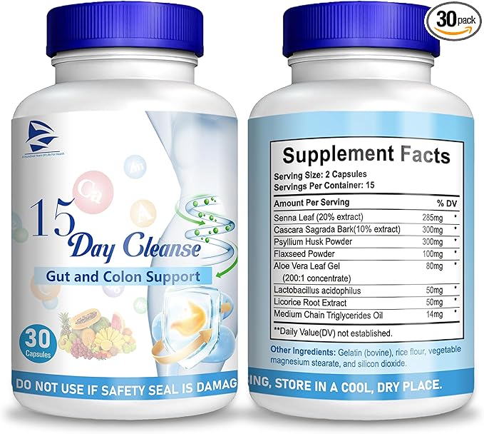 15 Day Cleanse -15 Day Gut Cleanse-Pastillas de 15 Dias para Limpiar El Colon, Advanced Formula with Senna, Cascara Sagrada & Psyllium Husk (1 PC)