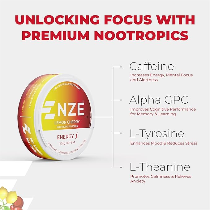 NZE Caffeine Nootropic Pouches (Lemon Cherry) - Nootropic Energy Pouches with 50mg Caffeine, Alpha GPC, L-Tyrosine & L-Theanine No Sugar or Artificial Sweeteners - 15 Nicotine Free Pouches A Can