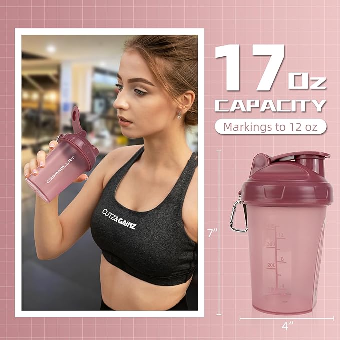 2 Pack Shaker Bottles for Protein Mixes, 17 oz Small Protein Shaker Bottle with Handle, Gym Shaker Cups with Blending Ball for Pre Workout, BPA-Free & Dishwasher Safe (Blue, Pink)