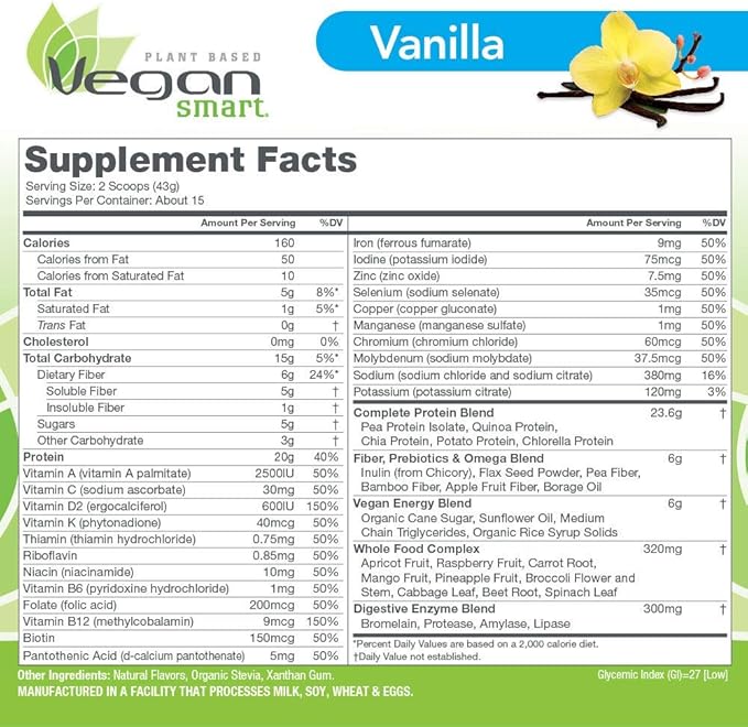 Vegansmart Naturade Plant Based Vegan Protein Powder - All-in-One Nutritional Shake Protein Blend - Gluten Free & Non-GMO - Vanilla (15 Servings)