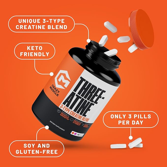 Crazy Muscle Creatine Monohydrate Pills - Premium 3 Type 5g Creatine Pills - Pre/PostWorkout & Keto Energy Builder - Easy-to-Take Three-Atine Pills for Optimum Performance Men Women - 180 Tablets