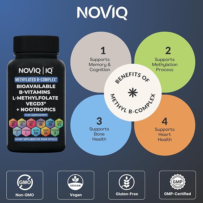 11-in-1 Methylated B-Complex Supplement: 680mcg L-Methylfolate(5-MTHF) Thiamine(B1) Riboflavin(B2) Pyridoxal(B6) Methylcobalamin(B12) - VegD3ยฎ + Nootropics - 1,100mg+ Serving - 60 Count