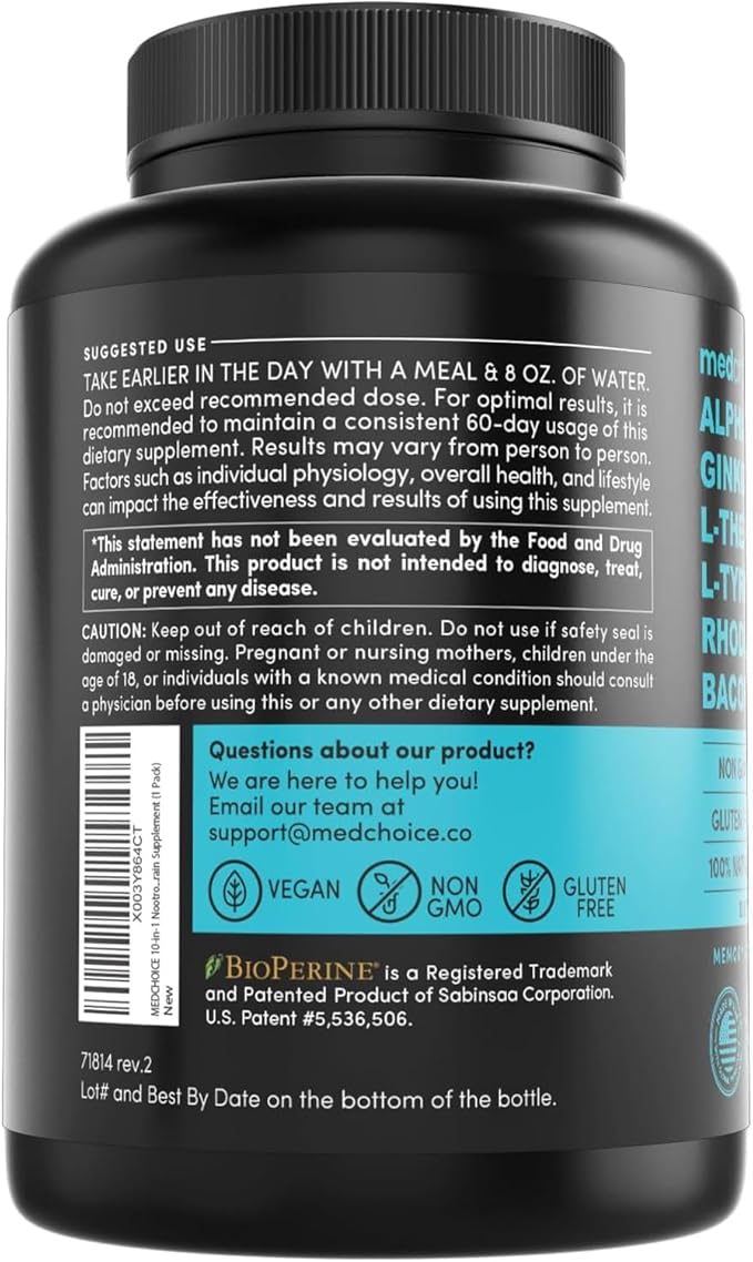 12-in-1 Nootropic Brain Supplement with Caffeine Anhydrous: Ginkgo Biloba for Brain Support, Memory and Focus - B12, Alpha GPC, L Theanine and Choline Supplements with Bioperine with 1321mg (60ct)