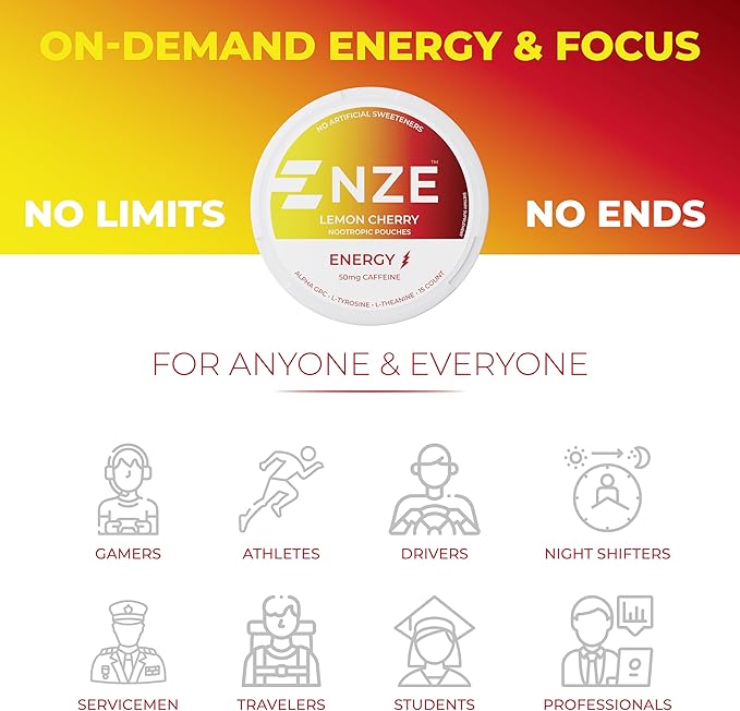 NZE Caffeine Nootropic Pouches (Lemon Cherry) - Nootropic Energy Pouches with 50mg Caffeine, Alpha GPC, L-Tyrosine & L-Theanine No Sugar or Artificial Sweeteners - 15 Nicotine Free Pouches A Can