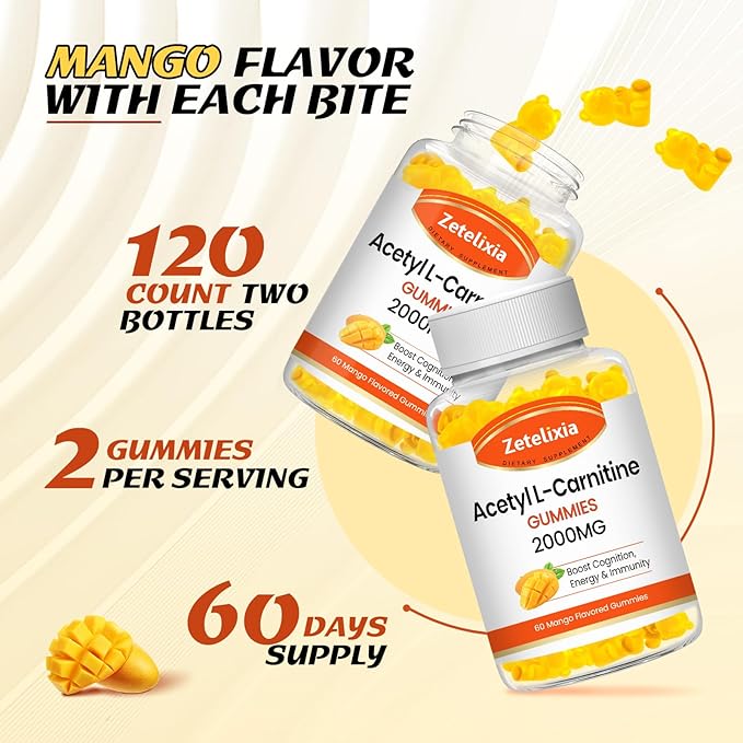 2 Pack Acetyl L-Carnitine Gummies 2000mg, L-Carnitine Supplement for Promote Fatty Acids Oxidation, Nutrition Supplement for Boost Energy, Immunity & Metabolism, Mango Flavor, 120 Count
