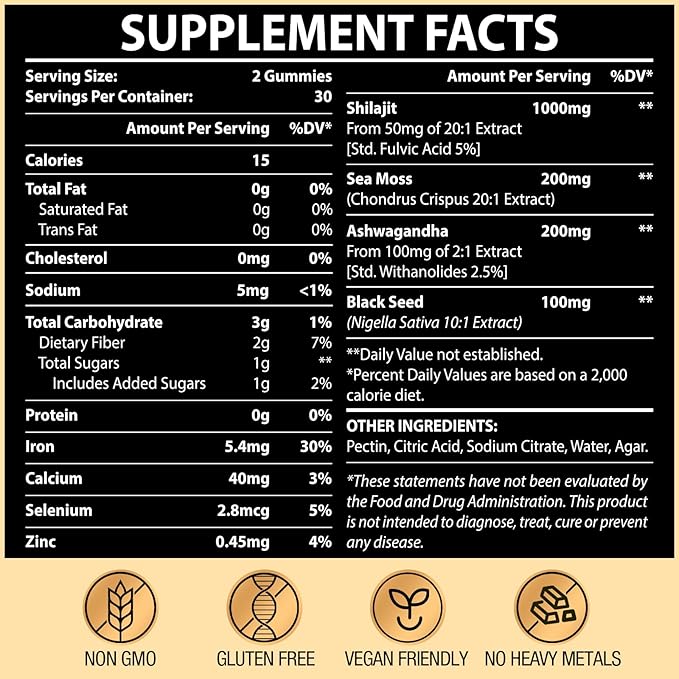 1500MG Shilajit Gummies for Men & Women, Shilajit Pure Himalayan Organic, with Ashwagandha, Sea Moss, Black Seed, Rich in Fulvic Acid, 85+ Trace Minerals, Authentic Flavor, 100% Natural, 60 Gummies