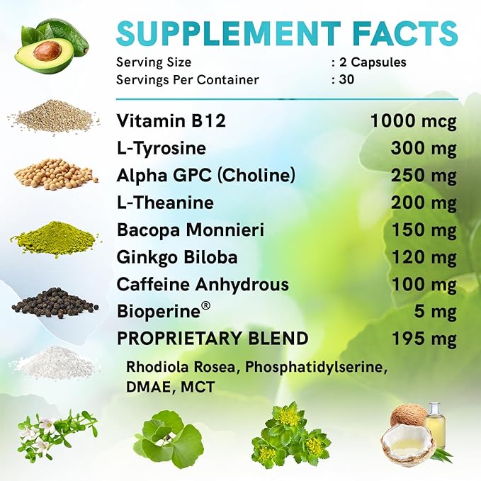 12-in-1 Nootropic Brain Supplement with Caffeine Anhydrous: Ginkgo Biloba for Brain Support, Memory and Focus - B12, Alpha GPC, L Theanine and Choline Supplements with Bioperine with 1321mg (60ct)