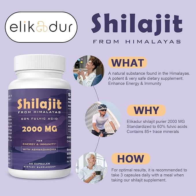 2000 MG Shilajit Supplement, Shilajit Resin Organic, Shilajit Capsules, 100% Pure Shilajit with 85+ Trace Minerals & 60% Fulvic Acid, Boost Energy & Immunity, Vegetarian, Natural, 60 Capsules