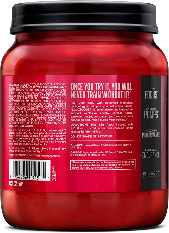 BSN N.O.-XPLODE Pre Workout Supplement with Creatine, Beta-Alanine, and Energy, Flavor: Fruit Punch, 60 Servings