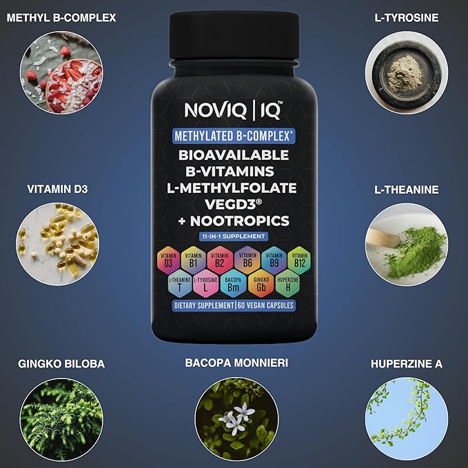 11-in-1 Methylated B-Complex Supplement: 680mcg L-Methylfolate(5-MTHF) Thiamine(B1) Riboflavin(B2) Pyridoxal(B6) Methylcobalamin(B12) - VegD3ยฎ + Nootropics - 1,100mg+ Serving - 60 Count
