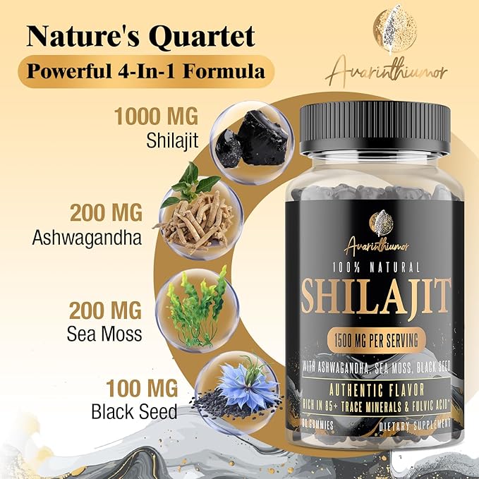 1500MG Shilajit Gummies for Men & Women, Shilajit Pure Himalayan Organic, with Ashwagandha, Sea Moss, Black Seed, Rich in Fulvic Acid, 85+ Trace Minerals, Authentic Flavor, 100% Natural, 60 Gummies