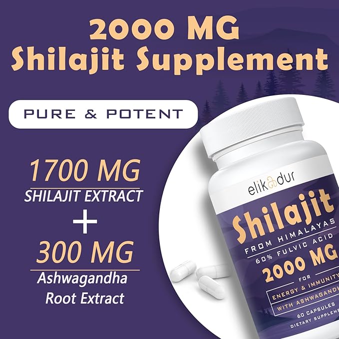 2000 MG Shilajit Supplement, Shilajit Resin Organic, Shilajit Capsules, 100% Pure Shilajit with 85+ Trace Minerals & 60% Fulvic Acid, Boost Energy & Immunity, Vegetarian, Natural, 60 Capsules