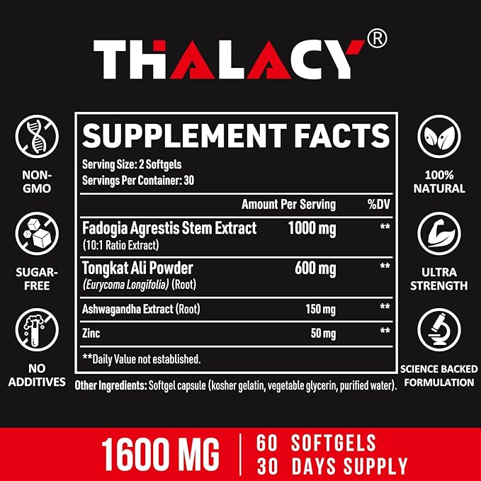 1600mg Fadogia Agrestis Tongkat Ali Supplement, Fadogia Agrestis Extract for Men with Ashwagandha - Maximum Strength, 60 Softgels