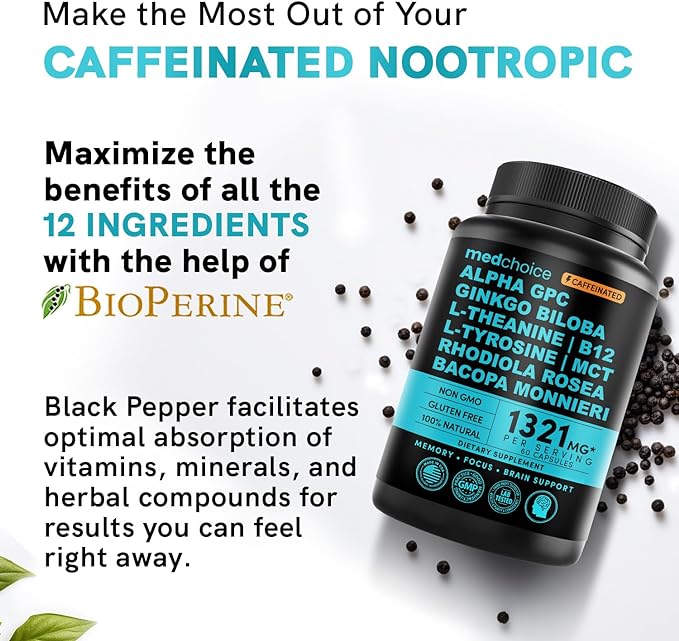 12-in-1 Nootropic Brain Supplement with Caffeine Anhydrous: Ginkgo Biloba for Brain Support, Memory and Focus - B12, Alpha GPC, L Theanine and Choline Supplements with Bioperine with 1321mg (60ct)