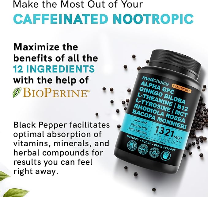12-in-1 Nootropic Brain Supplement with Caffeine Anhydrous: Ginkgo Biloba for Brain Support, Memory and Focus - B12, Alpha GPC, L Theanine and Choline Supplements with Bioperine with 1321mg (60ct)
