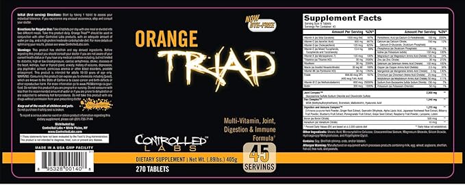 CONTROLLED LABS Orange Triad Daily Multivitamin, Iron Free Sports Supplement for Workout, Digestion, Immune, and Joints, 45 serv Muscle Building and Recovery Tablets