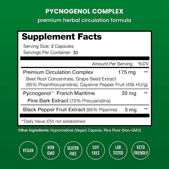 Pycnogenol French Maritime Pine Bark Extract | Premium Circulation Complex | Blood Flow, Nitric Oxide Production | Superior Absorption, Results with Black Pepper Extract | Vegan, Non-GMO | 60 Capsules