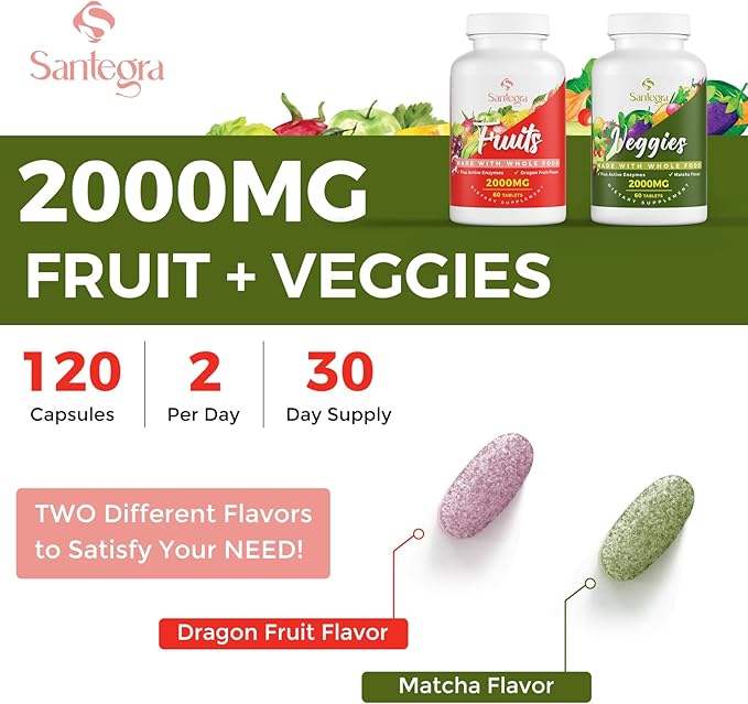 2000 MG Fruits and Vegetables Supplements, Natural Balance Over 35+ Fruits and Vegetables, 100% Whole Food Superfoods Fruit and Veggies Supplement, Energy Balance, Sugar-Free, Vegan, 120 Tablets