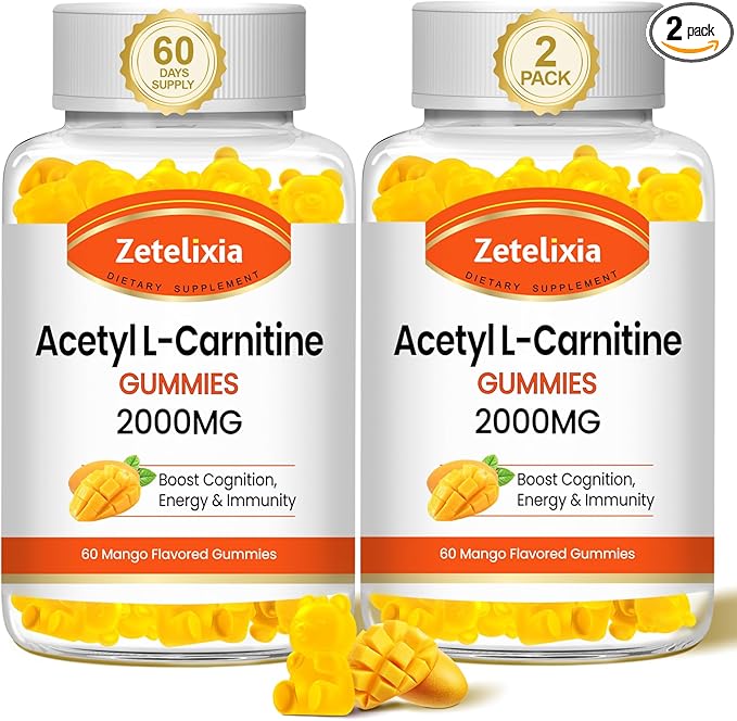 2 Pack Acetyl L-Carnitine Gummies 2000mg, L-Carnitine Supplement for Promote Fatty Acids Oxidation, Nutrition Supplement for Boost Energy, Immunity & Metabolism, Mango Flavor, 120 Count