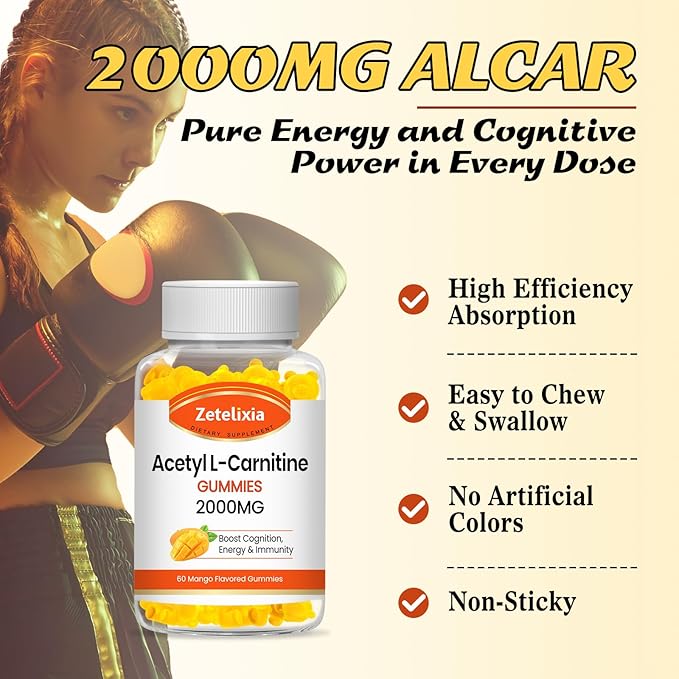 2 Pack Acetyl L-Carnitine Gummies 2000mg, L-Carnitine Supplement for Promote Fatty Acids Oxidation, Nutrition Supplement for Boost Energy, Immunity & Metabolism, Mango Flavor, 120 Count