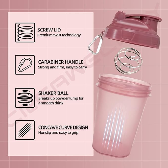 2 Pack Shaker Bottles for Protein Mixes, 17 oz Small Protein Shaker Bottle with Handle, Gym Shaker Cups with Blending Ball for Pre Workout, BPA-Free & Dishwasher Safe (Blue, Pink)