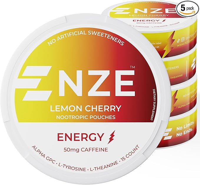 NZE Caffeine Nootropic Pouches (Lemon Cherry) - Nootropic Energy Pouches with 50mg Caffeine, Alpha GPC, L-Tyrosine & L-Theanine No Sugar or Artificial Sweeteners - 15 Nicotine Free Pouches A Can