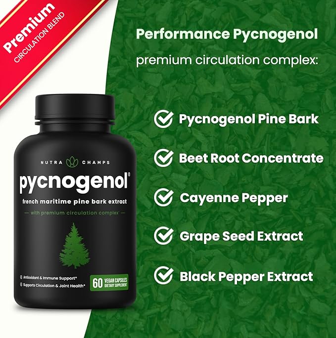 Pycnogenol French Maritime Pine Bark Extract | Premium Circulation Complex | Blood Flow, Nitric Oxide Production | Superior Absorption, Results with Black Pepper Extract | Vegan, Non-GMO | 60 Capsules