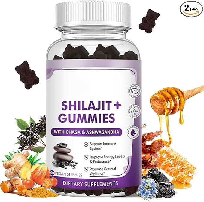 2 Pack Shilajit Gummies, Pure Shilajit with Ashwagandha, Black Seed Oil, Vitamins C, D3, B12 & Zinc, Vegan, Non-GMO, Energy & Immune Support Supplement for Men & Women, 60 Gummies Each