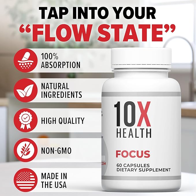 10X Health Focus Brain Supplements for Memory and Focus - Cognitive Supplement Boost Clarity, Alertness, and Energy with Huperzine-A, Ginkgo Biloba, and Rhodiola Rosea - 60 Capsules