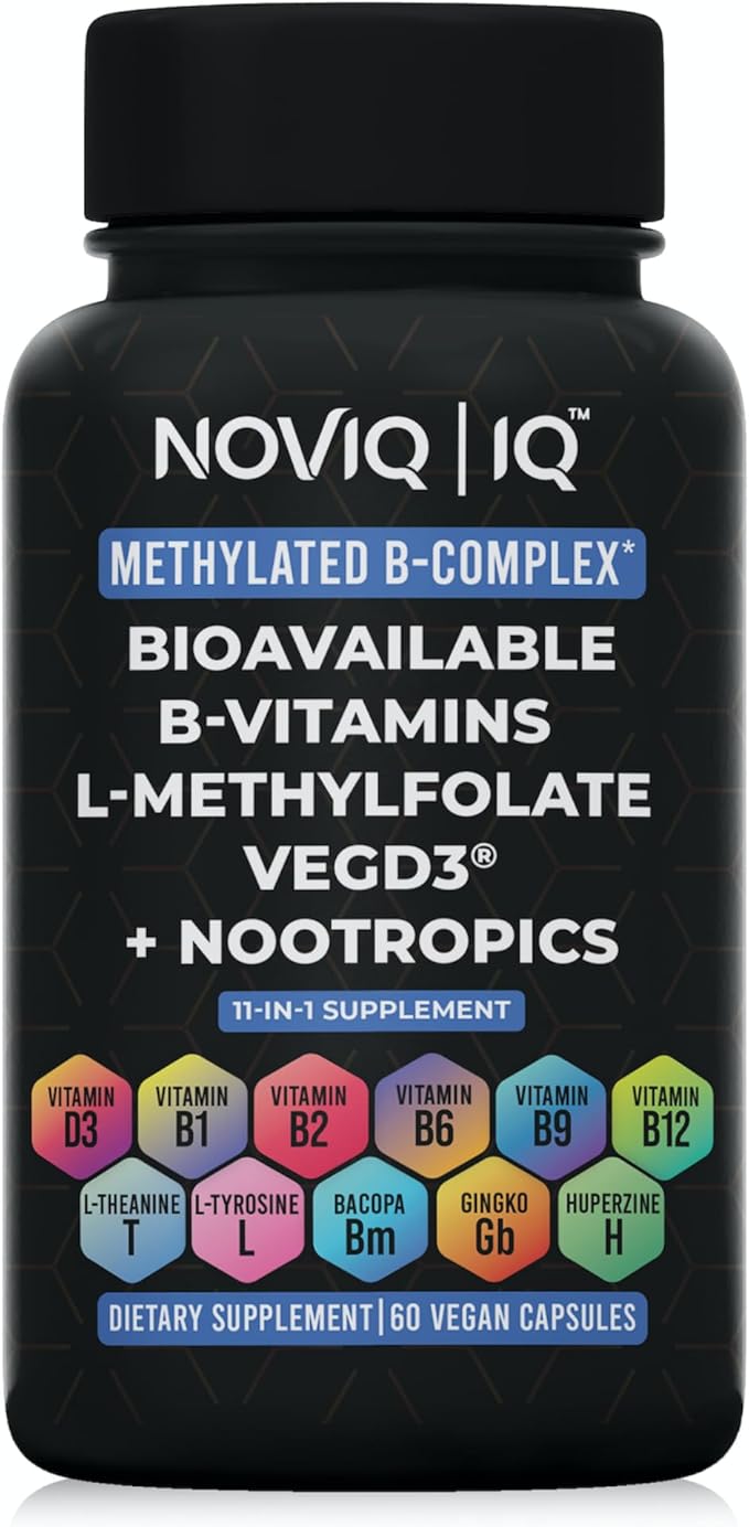 11-in-1 Methylated B-Complex Supplement: 680mcg L-Methylfolate(5-MTHF) Thiamine(B1) Riboflavin(B2) Pyridoxal(B6) Methylcobalamin(B12) - VegD3ยฎ + Nootropics - 1,100mg+ Serving - 60 Count