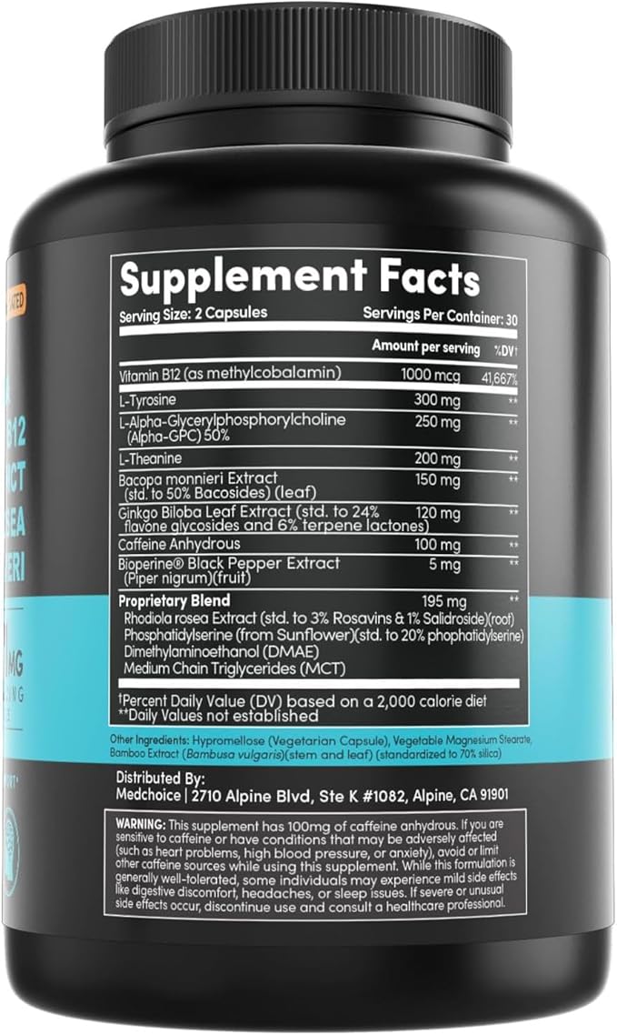 12-in-1 Nootropic Brain Supplement with Caffeine Anhydrous: Ginkgo Biloba for Brain Support, Memory and Focus - B12, Alpha GPC, L Theanine and Choline Supplements with Bioperine with 1321mg (60ct)