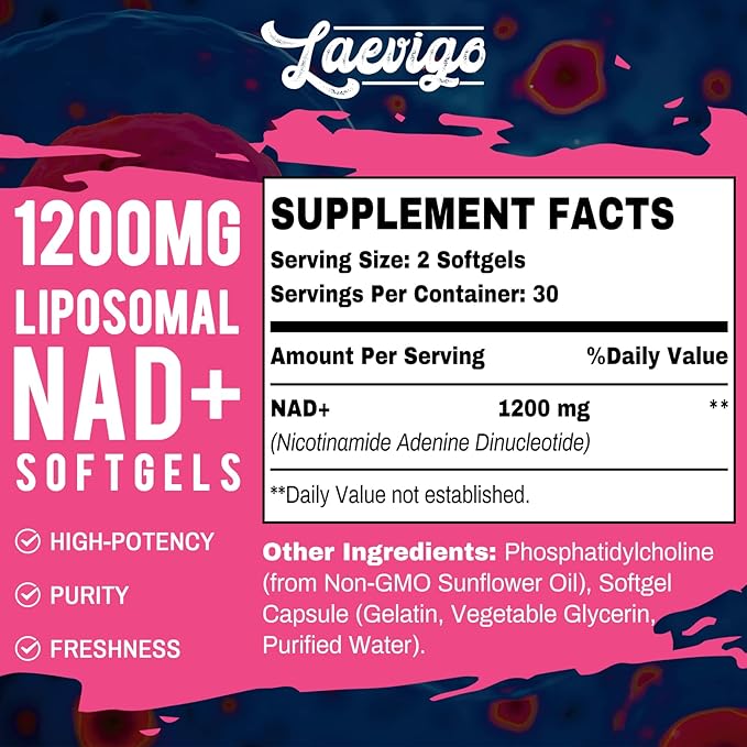 1200mg Liposomal NAD+ Supplement, Ultra Purity Actual NAD Supplement, Enhanced Absorption, Boosting NAD+, Age Defense, Energy, Metabolic Repair, Optimal NAD Supplement, 120 Softgels