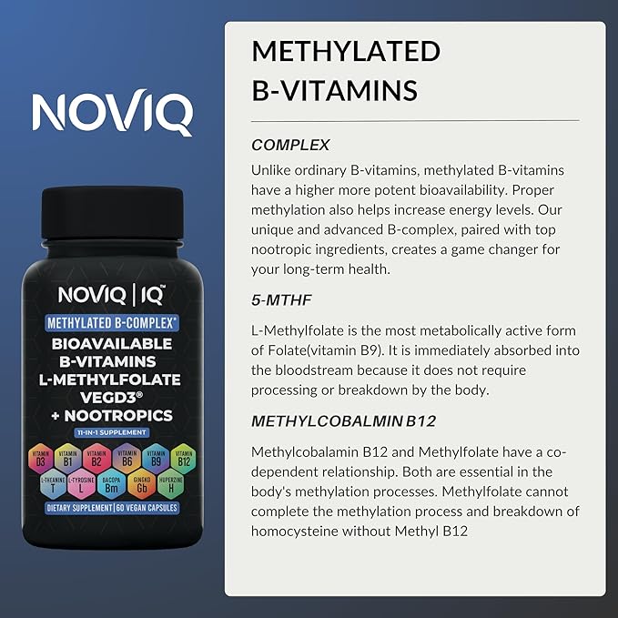 11-in-1 Methylated B-Complex Supplement: 680mcg L-Methylfolate(5-MTHF) Thiamine(B1) Riboflavin(B2) Pyridoxal(B6) Methylcobalamin(B12) - VegD3ยฎ + Nootropics - 1,100mg+ Serving - 60 Count