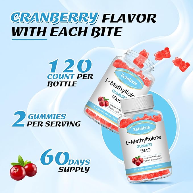 2 Pack L-Methylfolate 15mg Gummies, Methylated Multivitamin with Methylated B12, Active 5-MTHF Form, Supports MTHFR Mutation, Methylation, Mood & Cognition, Vegan, Cranberry Flavor, 120 Cts