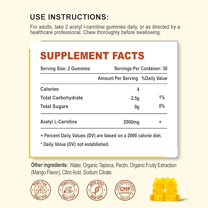2 Pack Acetyl L-Carnitine Gummies 2000mg, L-Carnitine Supplement for Promote Fatty Acids Oxidation, Nutrition Supplement for Boost Energy, Immunity & Metabolism, Mango Flavor, 120 Count