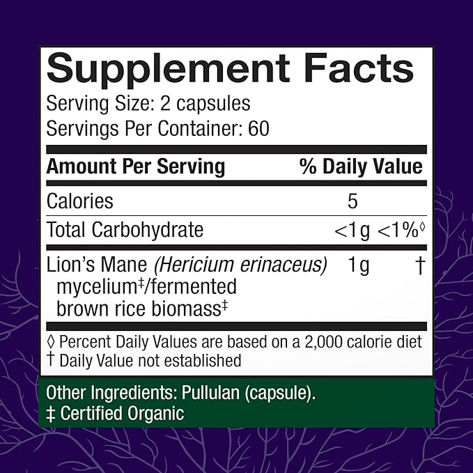 Host Defense Mushrooms Lion's Mane - Supplement Capsules for Brain Health Support - Mushroom Support for Focus & Memory Function - Immune & Nervous System Supplement - 120 Capsules (60 Servings)*