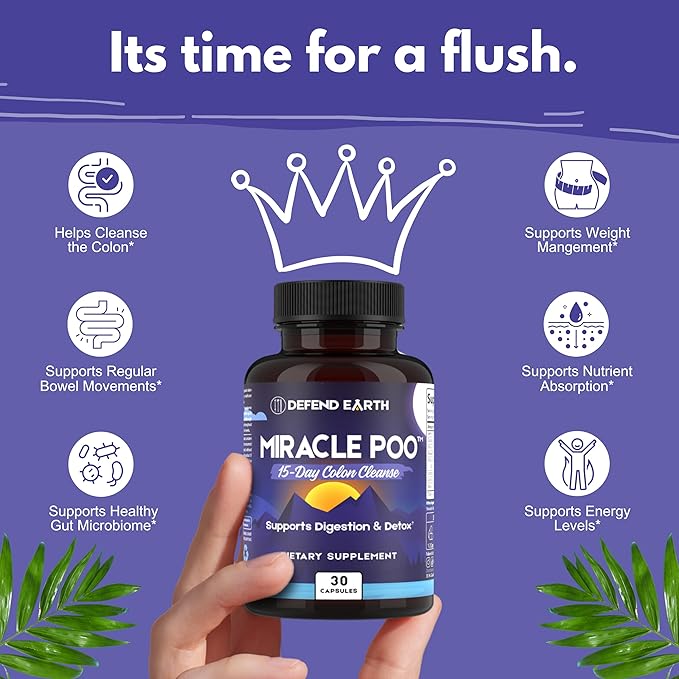 15 Day Gut Cleanse, Miracle Poo Colon Cleanse Capsules for Detox & Digestive Health Support with Psyllium Husk, Senna, & Cascara Sagrada, Non-GMO, 30 Capsules