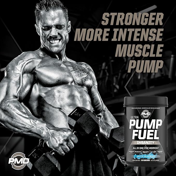 PMD Sports Ultra Pump Fuel Insanity - Pre Workout Drink Mix for Energy, Strength, Endurance, Recovery - Complex Carbohydrates and Amino Energy - Arctic Blue Blast (30 Servings)