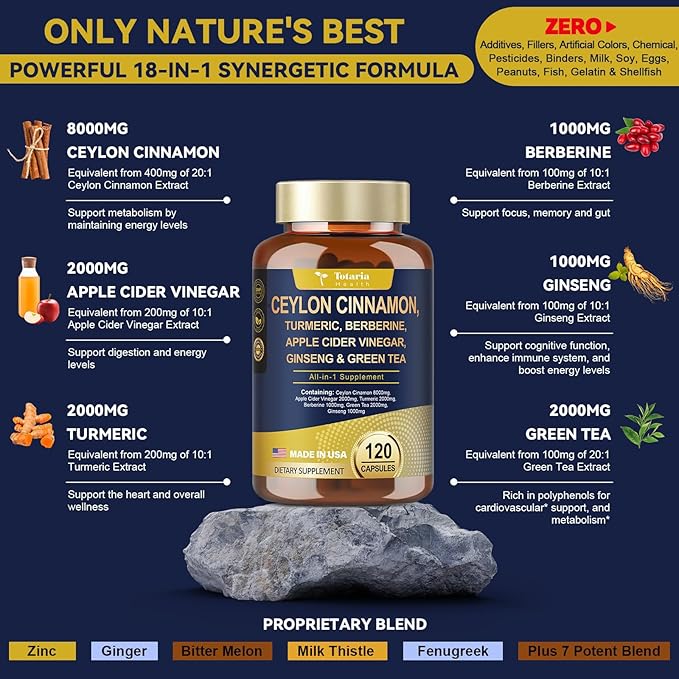 18-in-1 Ceylon Cinnamon 8000mg, Made in USA, 2000mg Apple Cider Vinegar 2000mg Turmeric 1000mg Berberine 1000mg Ginseng Plus Bitter Melon for Gut, Metabolism & Heart, 120 Vegan Capsules