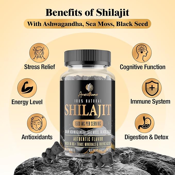 1500MG Shilajit Gummies for Men & Women, Shilajit Pure Himalayan Organic, with Ashwagandha, Sea Moss, Black Seed, Rich in Fulvic Acid, 85+ Trace Minerals, Authentic Flavor, 100% Natural, 60 Gummies