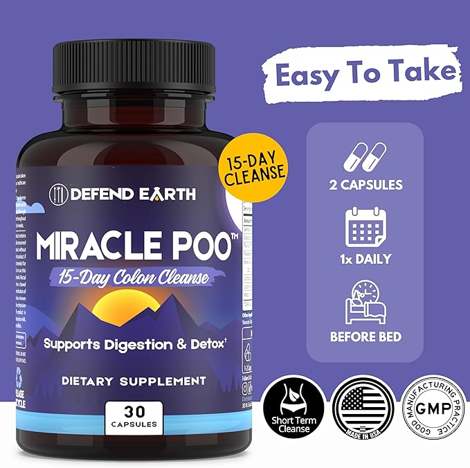 15 Day Gut Cleanse, Miracle Poo Colon Cleanse Capsules for Detox & Digestive Health Support with Psyllium Husk, Senna, & Cascara Sagrada, Non-GMO, 30 Capsules