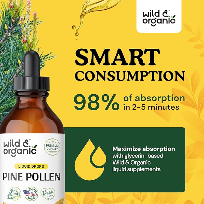 Wild & Organic Pine Pollen Tincture - Pine Pollen Powder Liquid Drops for Men & Women - Vegan, Alcohol Free Pine Pollen Supplement - 4 fl oz