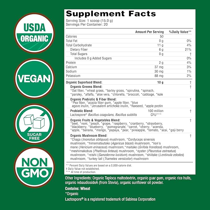 COUNTRY FARMS Super Greens Natural Flavor, 50 Organic Super Foods, USDA Organic Drink Mix, Fruits, Vegetables, Super Greens, Mushrooms & Probiotics, Supports Energy, 40 Servings, 10.6 Oz, 2 Pack