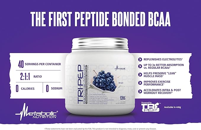 Metabolic Nutrition | TRIPEP - Tri-Peptide Branch Chain Amino Acid, BCAA Powder, Pre Intra Post Workout Supplement | Watermelon, 400 Grams (40 Servings)