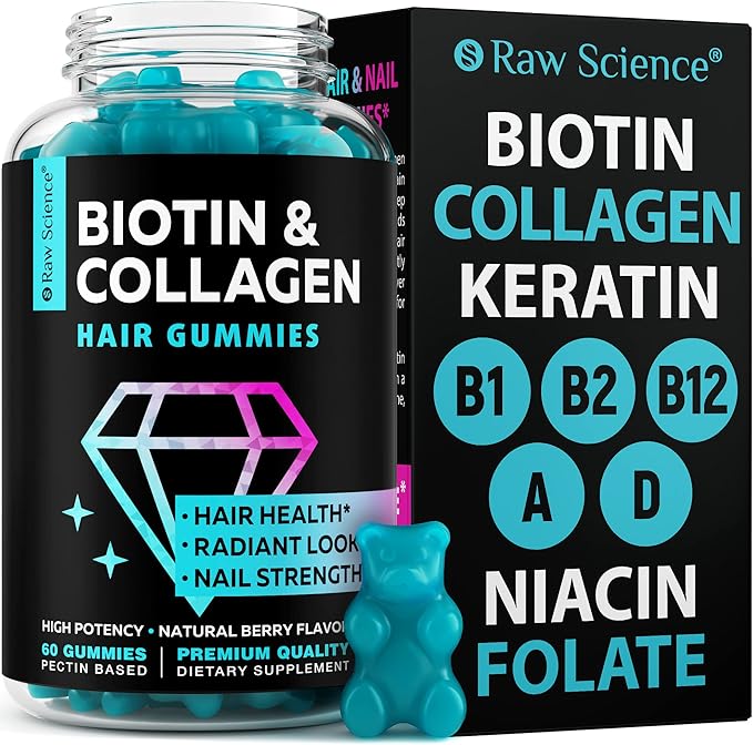 Biotin Collagen Gummies โ Hair Skin and Nails Vitamins for Women & Men โ Hair Growth Vitamins: B1, B2, B3, B5, B7, B9, B12, Collagen, Keratin, Vitamin A & D โ Hair Growth Supplement โ 60 Gummy Bears