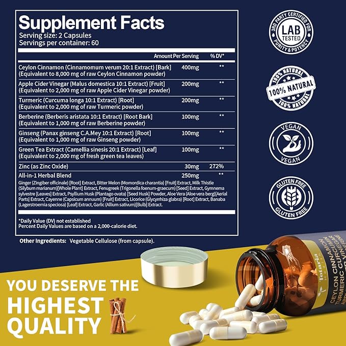 18-in-1 Ceylon Cinnamon 8000mg, Made in USA, 2000mg Apple Cider Vinegar 2000mg Turmeric 1000mg Berberine 1000mg Ginseng Plus Bitter Melon for Gut, Metabolism & Heart, 120 Vegan Capsules