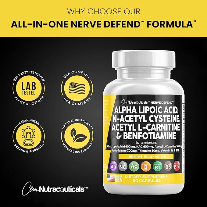 Alpha Lipoic Acid 600mg N-Acetyl Cysteine 600mg Acetyl L-Carnitine 500mg Benfotiamine 300mg - Nerve Support Supplement for Women and Men with Vitamin B1, B6 & B12 - Made in USA 90 Caps