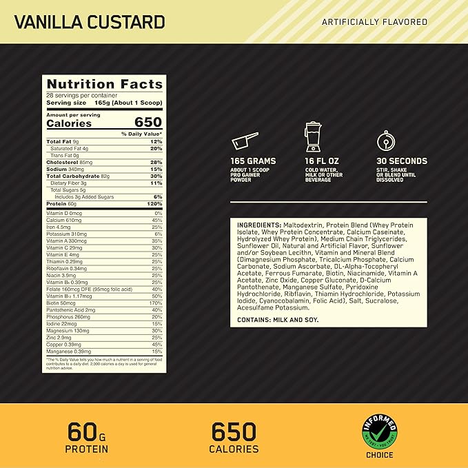 Optimum Nutrition Gold Standard Pro Gainer, Weight Gainer Protein Powder, Vanilla Custard, 10.19 Pound (Packaging May Vary)