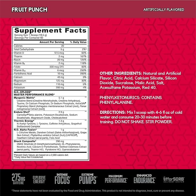 BSN N.O.-XPLODE Pre Workout Supplement with Creatine, Beta-Alanine, and Energy, Flavor: Fruit Punch, 60 Servings