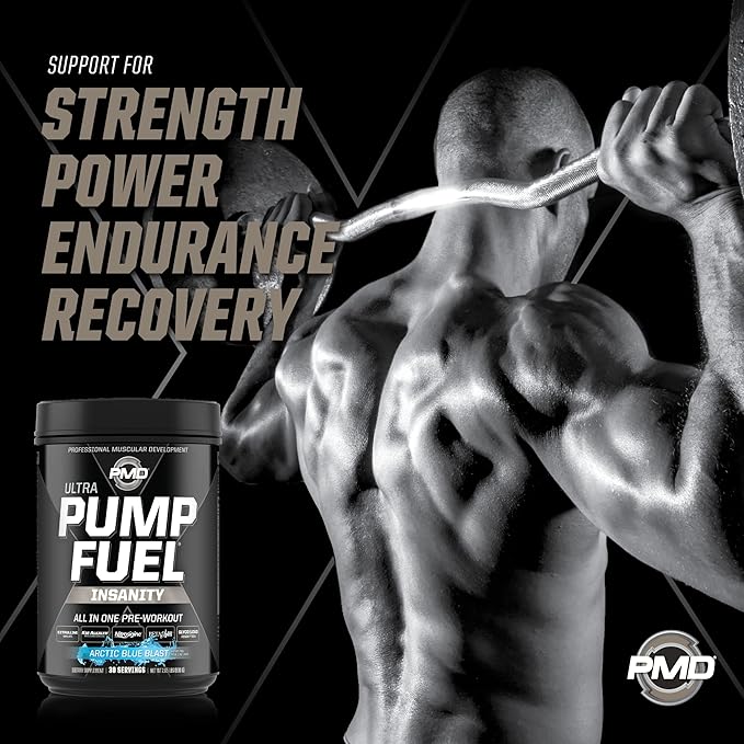 PMD Sports Ultra Pump Fuel Insanity - Pre Workout Drink Mix for Energy, Strength, Endurance, Recovery - Complex Carbohydrates and Amino Energy - Arctic Blue Blast (30 Servings)